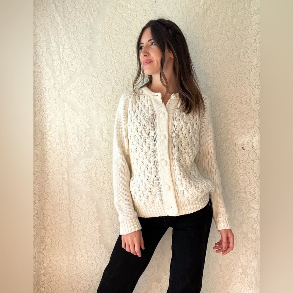 Vintage White Cable Knit Button Up Cardigan Sweater